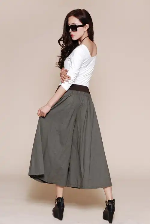 2013韩版春夏装新款亚麻裙裤大摆阔腿裤纯色裤裙九分裤45-1301