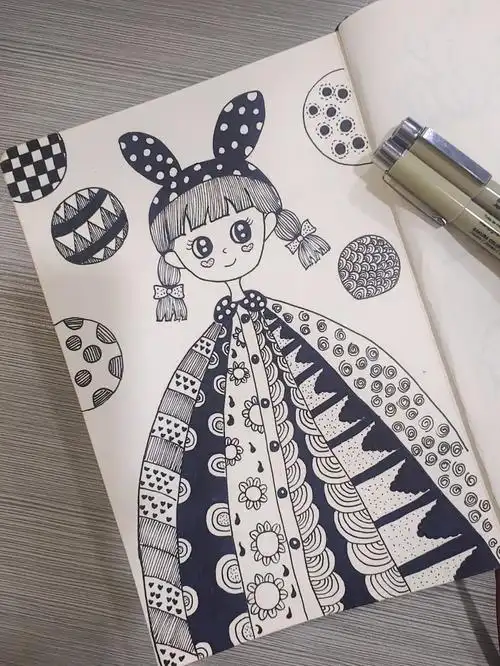 可爱的小女孩线描画～人物线描 临摹