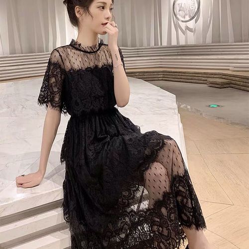 2021新款网纱拼接收腰中长款蕾丝短袖连衣裙女温柔仙女裙中长款