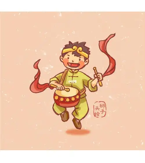 打鼓小将来也～_插画_传统文化_原创插画_潮流_潮流艺术_潮流插画