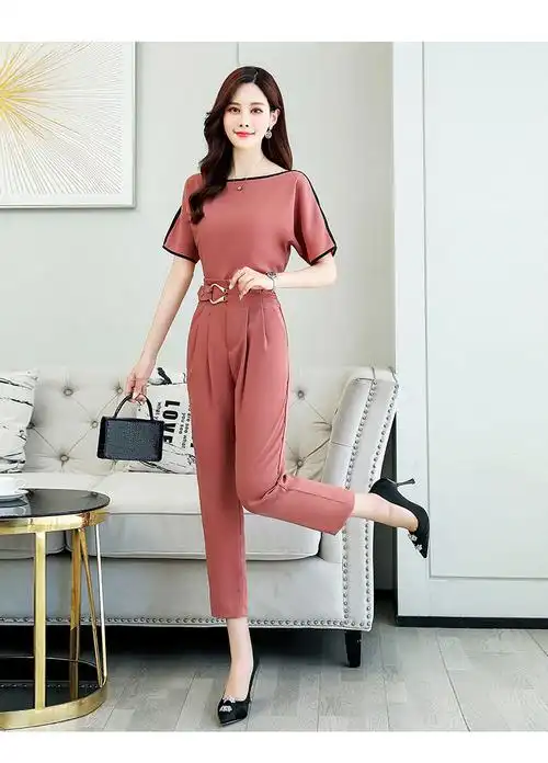 新款时尚减龄小脚裤套装女韩版套装修身夏装短袖两件套潮女装砖红m