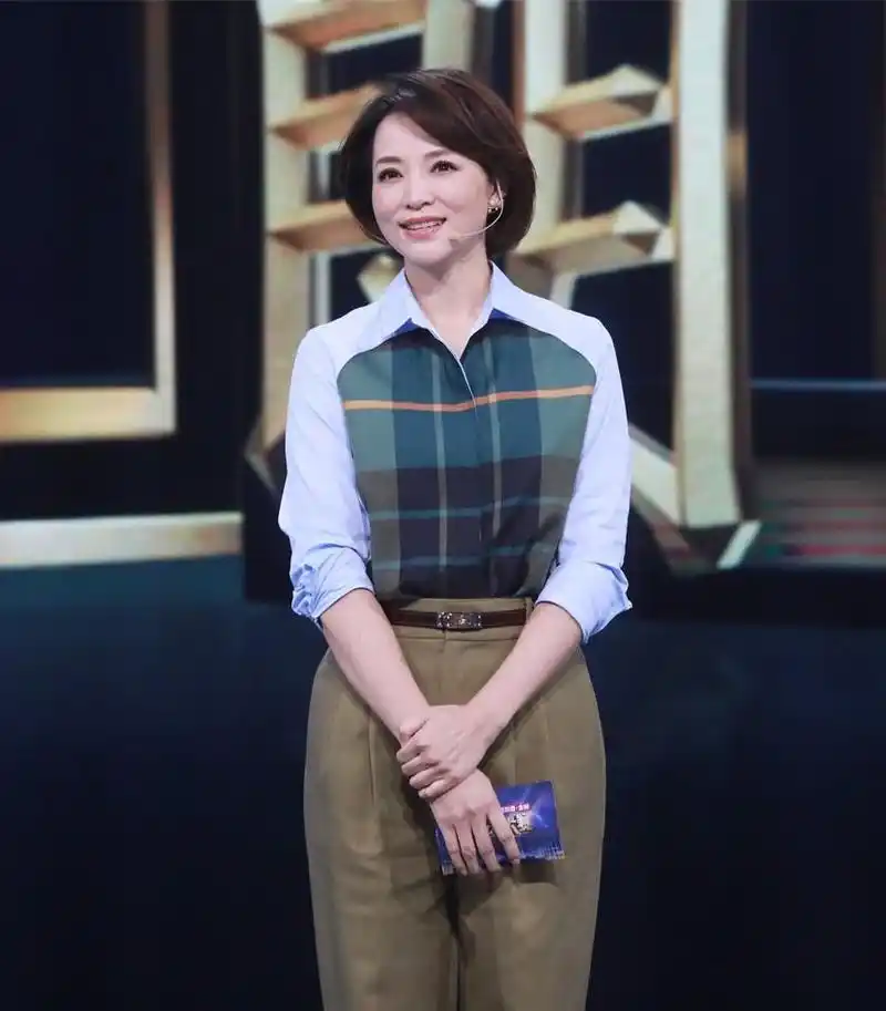 董卿穿格纹西装娴静端庄美得知性大气