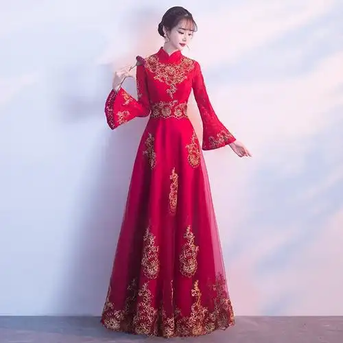 中式敬酒服新娘2021新款夏季长款结婚礼服女立领回门秀禾服遮手臂