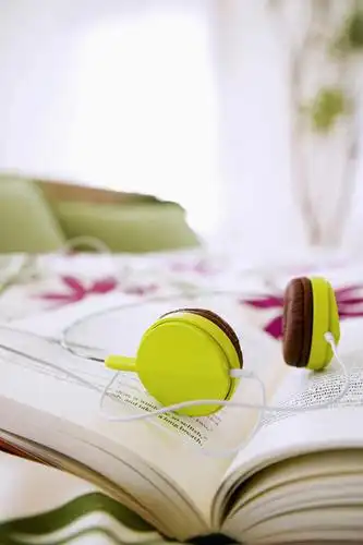 无人,竖图,特写,侧面,音乐,听,绿色,耳机,放松,摄影,宁静,享乐,书