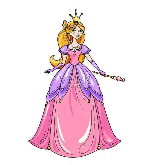 公主站在美丽的裙子与魔术棒迷人的童话女孩插画图片素材
