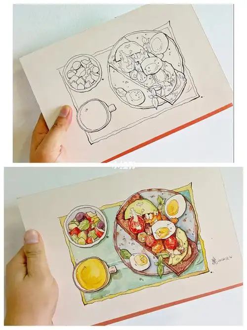 钢笔淡彩临摹轻食水果沙拉