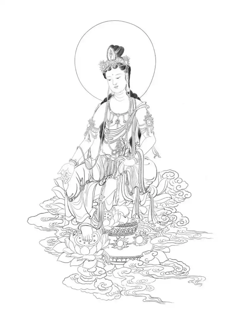 工笔白描底稿观音菩萨    徒手画的光环感觉很好!