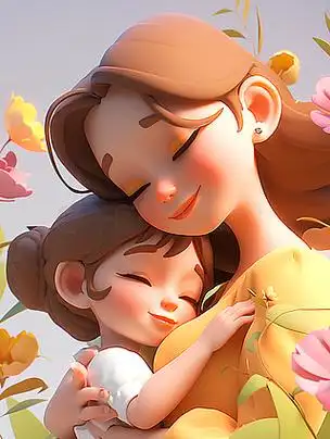 母亲节妈妈和女儿温馨的拥抱在一起的3d人物形象