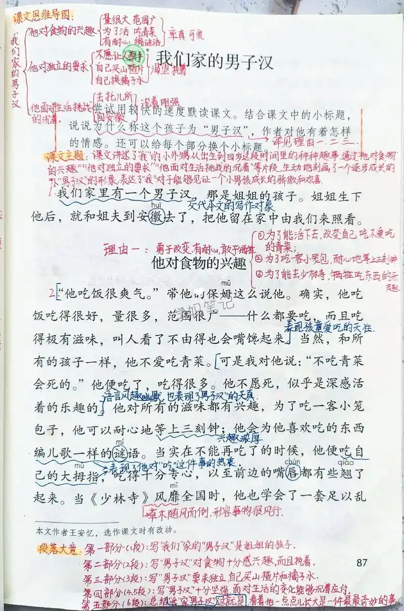 20课《我家的男子汉》是一篇略读课文,笔记并没有简略,我们有时候也在