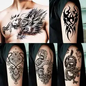 胸口龙头纹身贴 防水男女持久手臂图腾火焰纹龙个性潮流仿真刺青