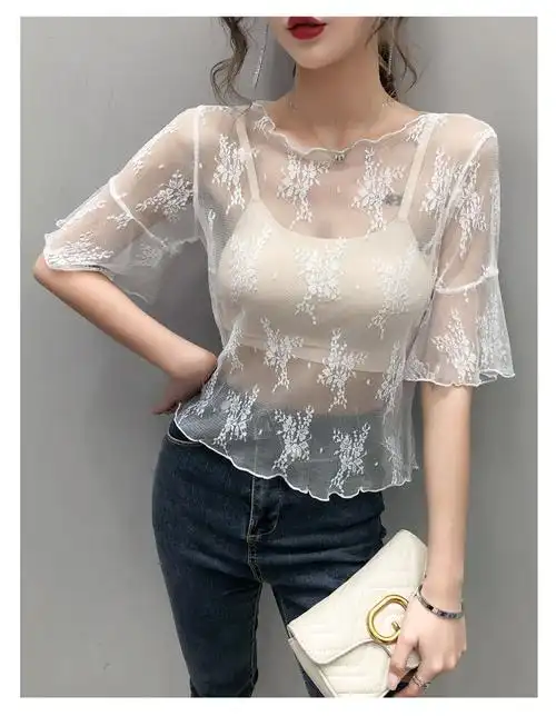 厂家直供透视蕾丝打底衫女短袖t恤女薄纱内搭纱衣仙气镂空网纱上