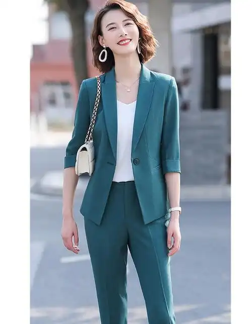 斐格欧文职业装女装套装小西装女时尚夏季苹果绿色韩版休闲外套女士