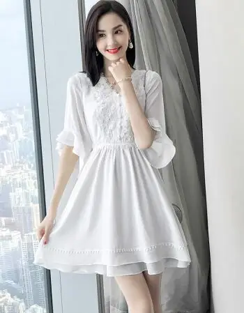 麦迪文 女装夏装新领雪纺连衣裙女夏白温柔裙超仙女仙女裙子 白色 s