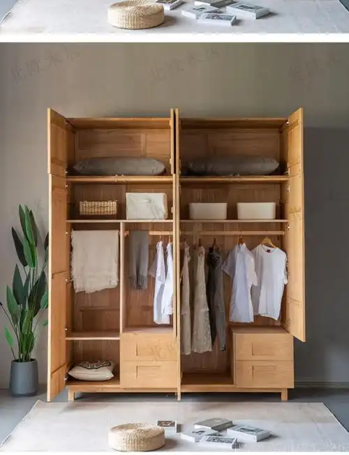 华丰四门衣柜日式四门衣柜白橡木实木对开门原木衣橱卧室顶柜 北美fsa