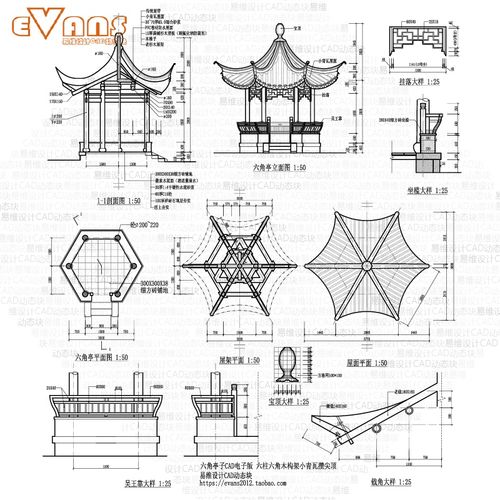 六角亭子cad文档电子版精品六柱构架尖顶平立2d