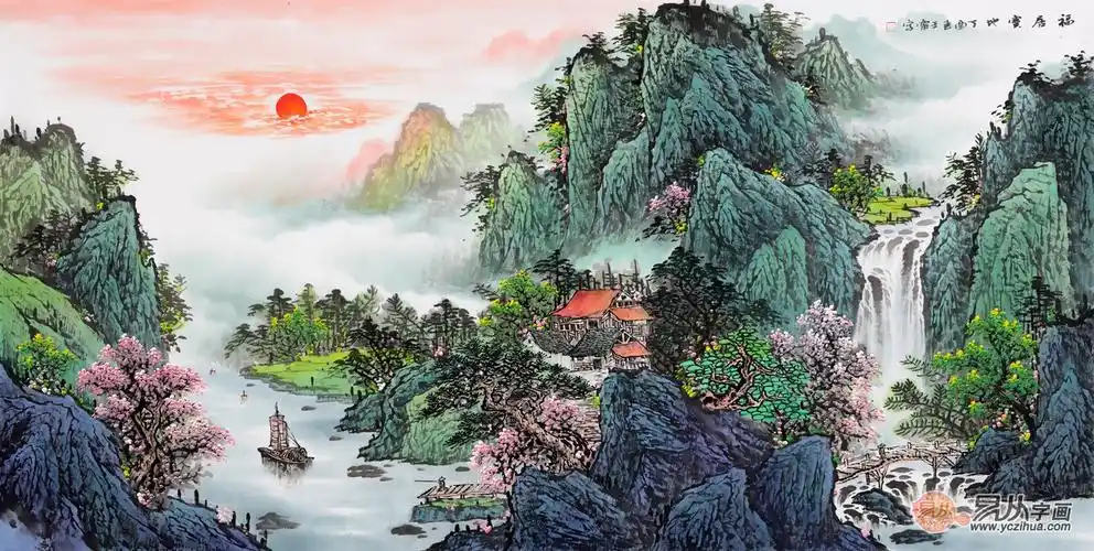 国画山水画挂在家中客厅可以说是相得益彰,更加突出淡雅风格,一点都不