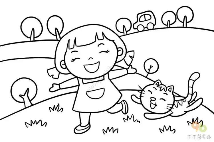 小女孩简笔画 蹦跑在春天的田野上情景简笔画,人物情景简笔画,小女孩