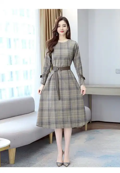 paul hualey潮牌 早春格子长袖连衣裙2021年春款新款女装收腰中长款