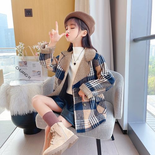 奥米鼠童装女童外套秋冬装2021新款儿童韩版格子毛呢大衣中大童时尚