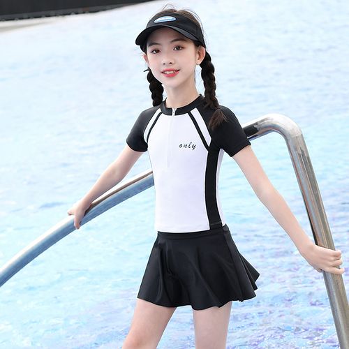 分体裙式保守泳衣女6-12岁甜美运动速干游泳装a 黑白色 l码(建议100