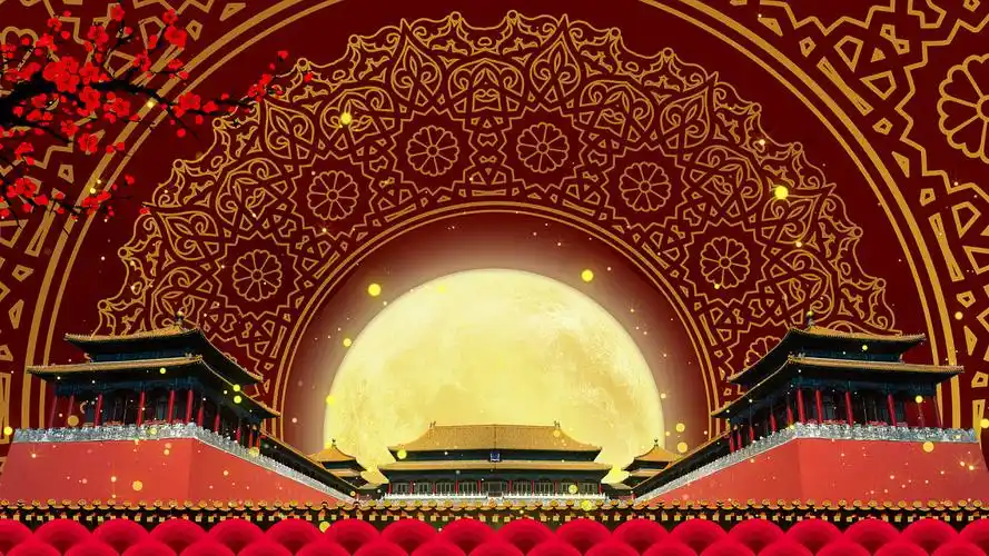 4k大气中国风古建筑圆月水墨美景视频背景ae模板古风宫廷背景