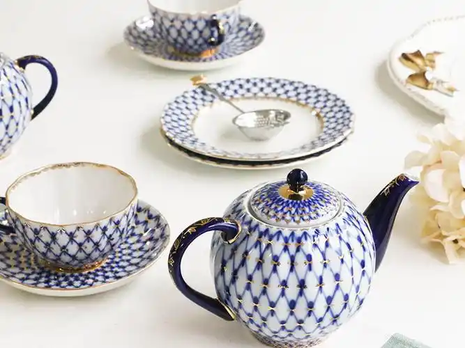 my家- 俄罗斯皇家瓷器lomonosov 经典钴蓝网纹cobalt net 茶杯/壶