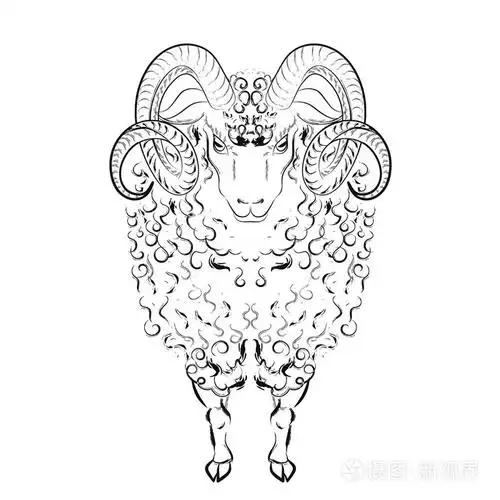 插画 羊与长羊毛锁和弯弯的犄角.矢量图.eps