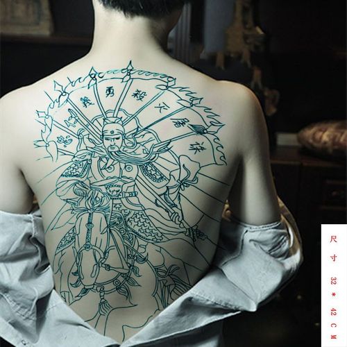 满背青龙偃月刀关二爷男女后背纹身贴后背大图案线条刺青割线关羽