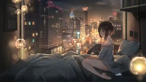 女生都市夜景灯4k动漫壁纸3440x1440