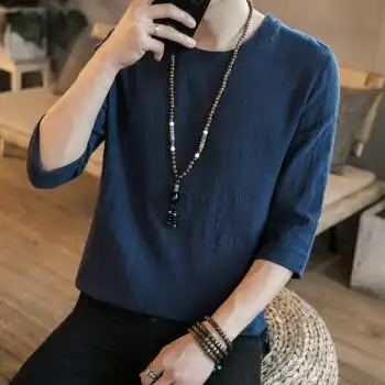 薄款夏季中国风男士七分袖青年男装复古宽松圆领大码亚麻棉麻短袖t恤