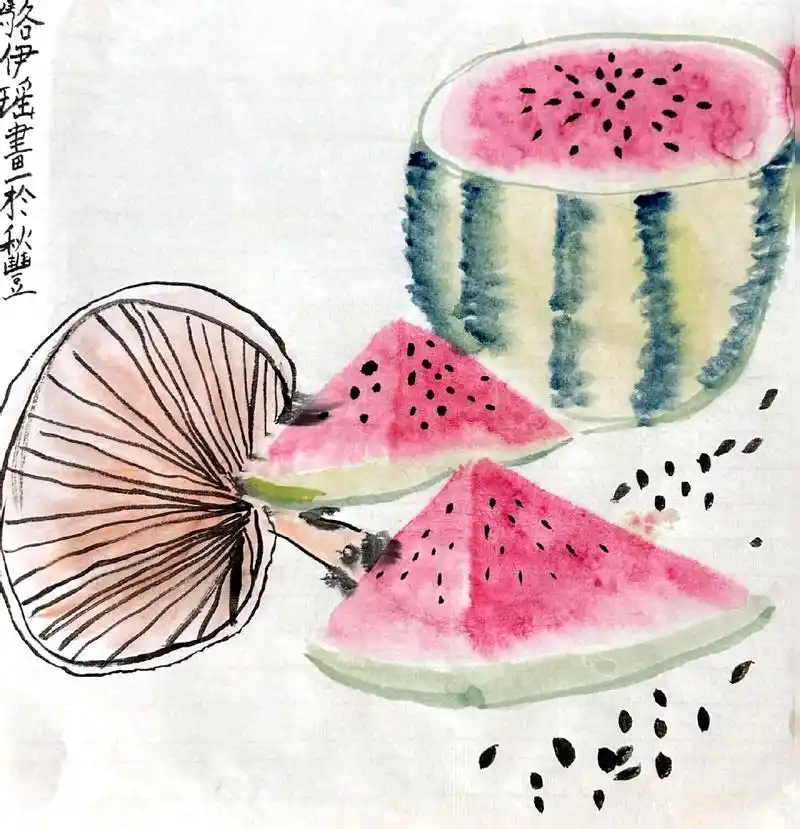 今日份国画--夏日西瓜#一起学画画 #又到了吃西瓜的季节 - 抖音