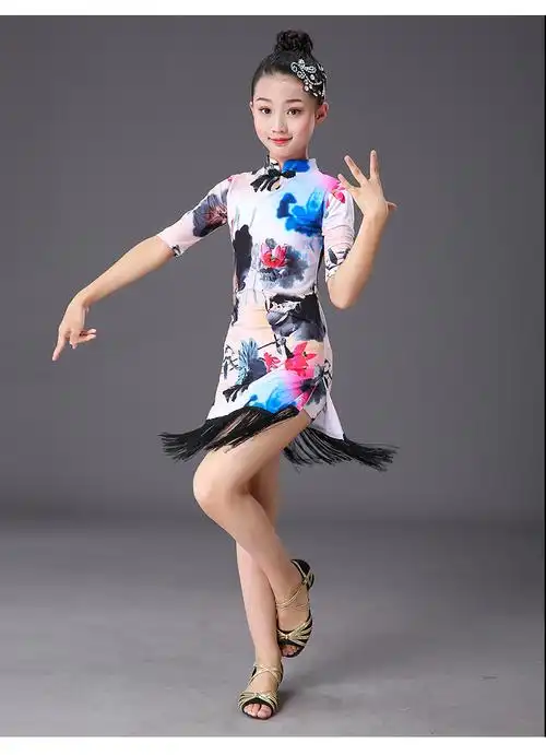 拉丁舞旗袍舞服新款儿童拉丁舞裙少儿舞蹈女童练习演出服装比赛表演