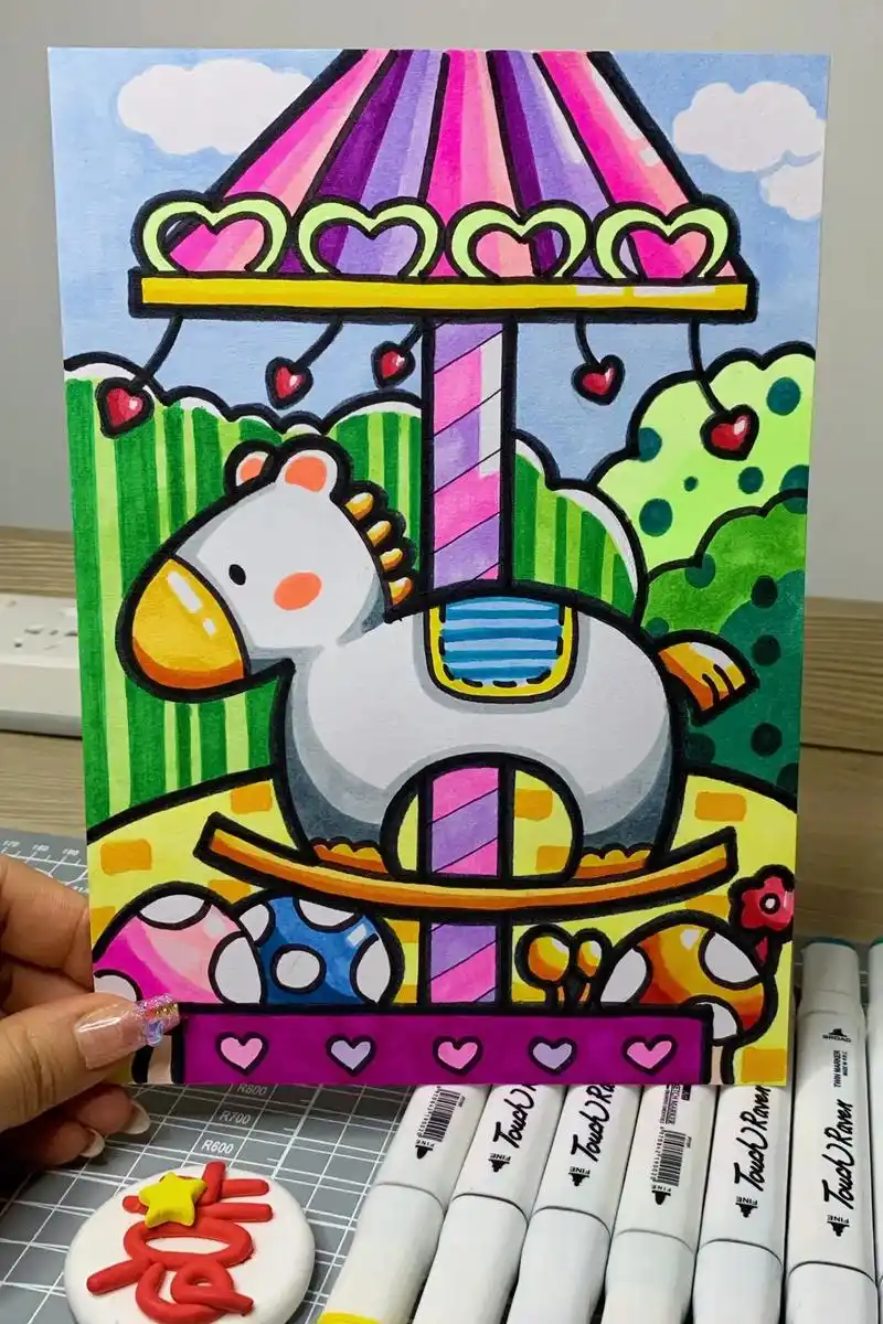 【旋转木马】图片版卡通儿童画简笔画附色号.#画画 #马克笔手 - 抖音