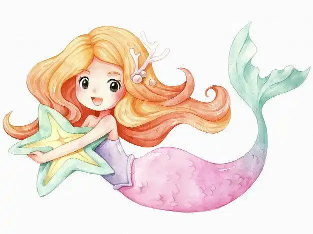 可爱的美人鱼卡通水彩