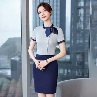 职业女装蝴蝶结衬衫套装夏季短袖酒店前台接待美容院珠宝店工作服