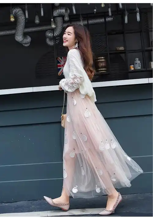 半身裙中长款很仙的裙子超仙网纱裙女刺绣天鹅图案长裙蓬蓬裙纱裙