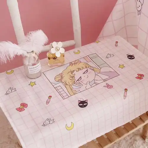 包邮 少女心桌布网红ins学生书桌棉麻可爱粉色格子卡通布置梳妆台桌布