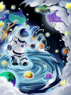 手绘科技宇宙风宇航员太空蓝色梦幻星空插画