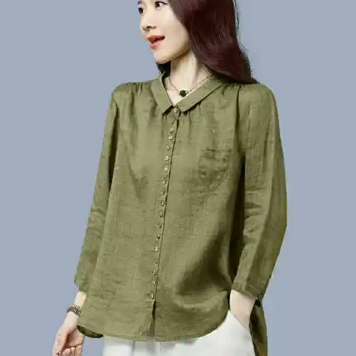 2021亚麻衬衫女装年秋季新款宽松九分袖棉麻苎麻衬衣女士女生打底显瘦
