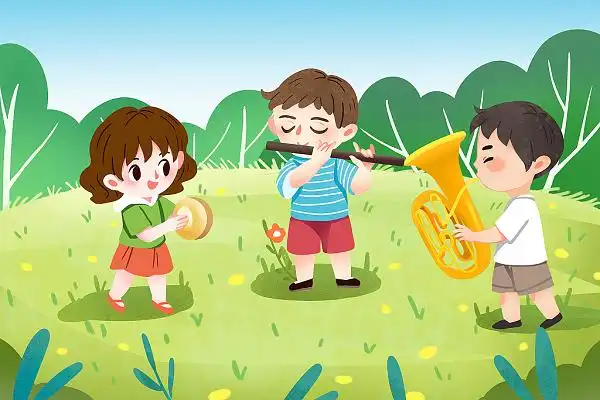 卡通手绘音乐节草地上演奏的儿童原创插画海报音乐插画背景