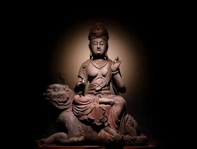 gx119▼仏教文化 楠木彩絵 文殊菩萨造像 仏像 仏教 木雕 106x90セン