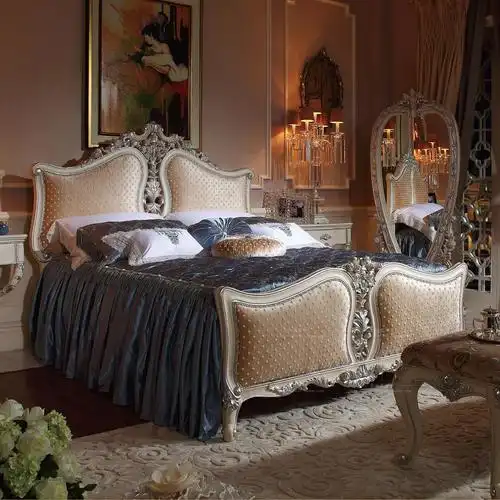 别墅卧室家具欧式床双人床实木雕花公主床1.8米婚床奢华布艺床