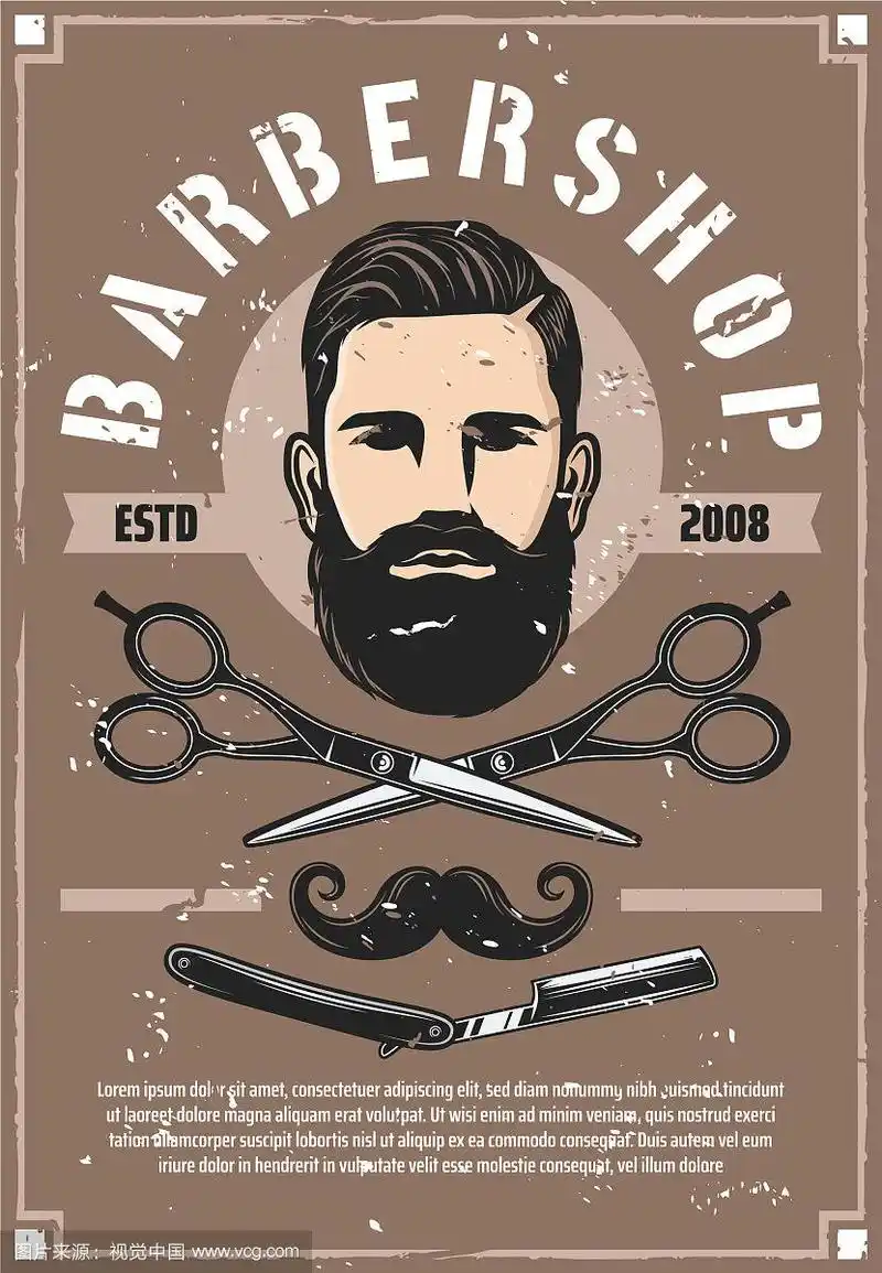 理发店服务复古海报与大胡子男子