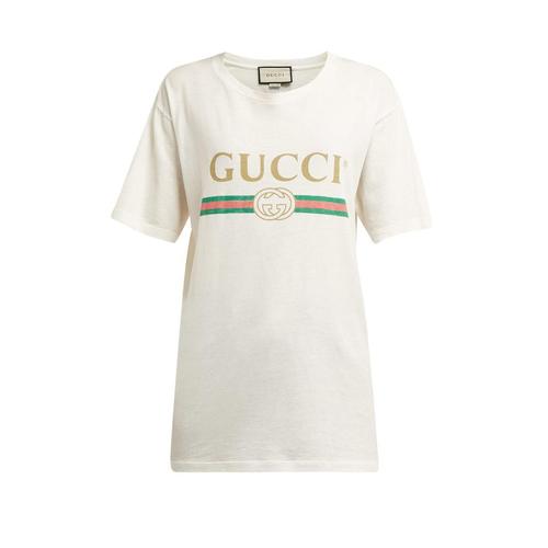 古驰gucci女款白色t恤|logo-print cotton-jersey t-shirt