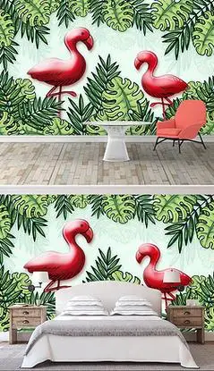 立体手绘热带雨林火烈鸟背景墙