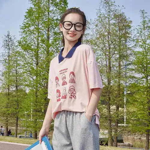 翻领短袖初中生夏装少女女高中学生14岁女孩印花t恤