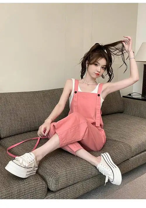 实拍粉色背带裤女夏装韩版宽松减龄可爱连体裤学生小个子休闲裤 - 17