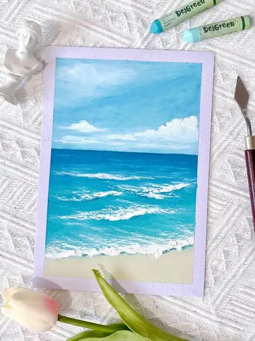 油画棒风景画蓝色大海附色号77步骤图