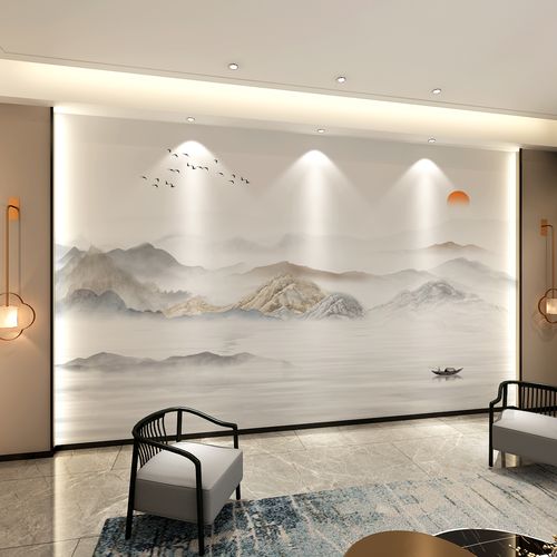 现代轻奢新中式水墨山水壁布客厅电视背景墙壁纸沙发影视壁画墙布