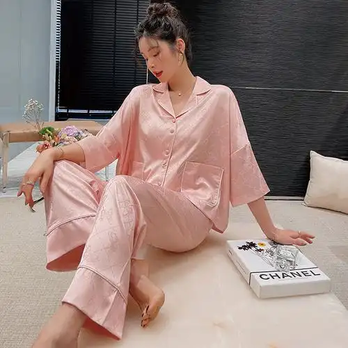 春季新款缎面冰丝睡衣女不规则设计舒适顺滑长袖长裤家居服两件套